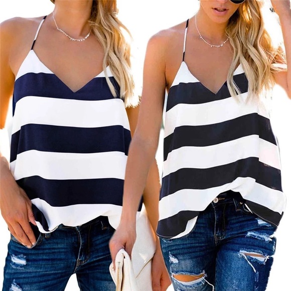 Navy & White Striped Racerback Tank Tops - Picture 2 of 4
